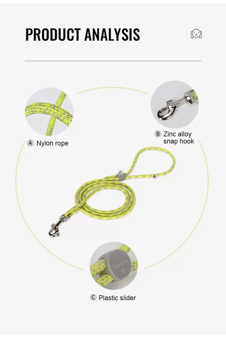 Light green rope dog leash with snap hook, plastic slider, and fabric loop