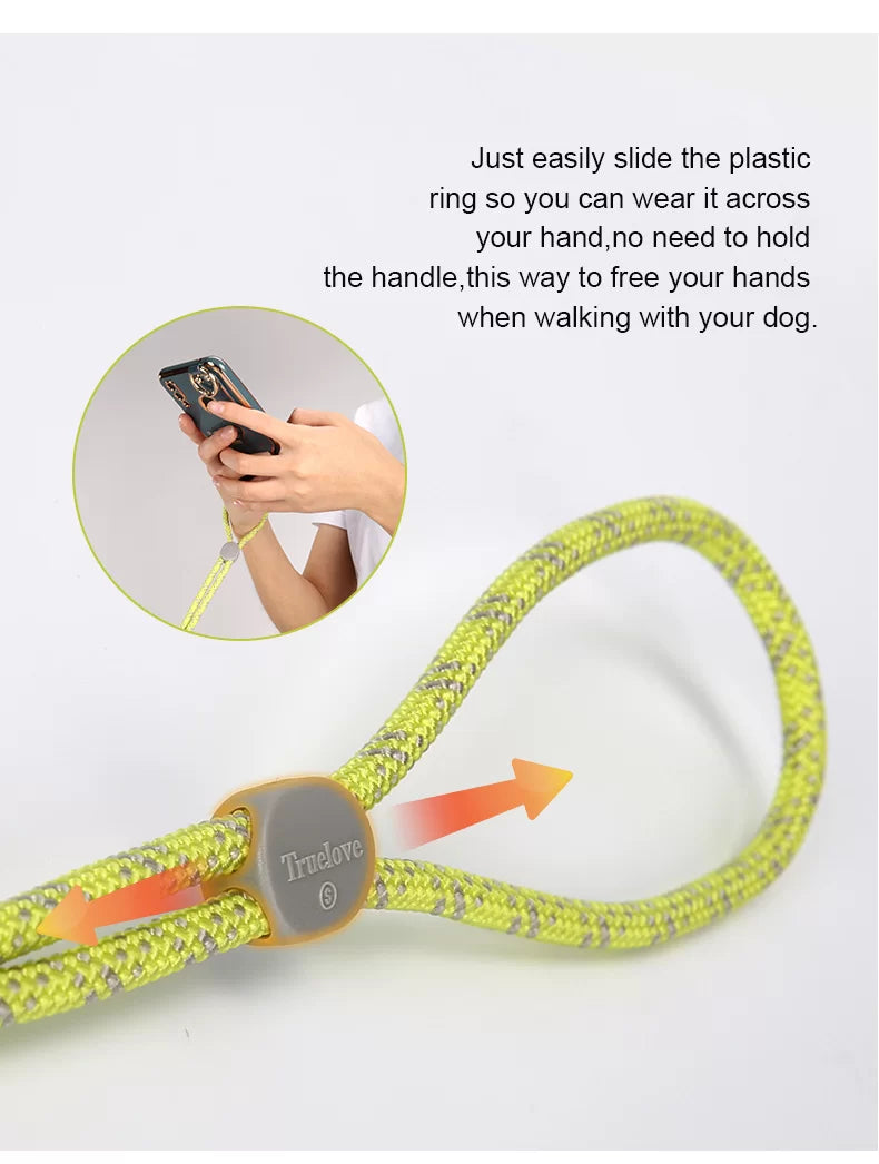 Light green rope dog leash with plastic slider ring for easy length adjustment