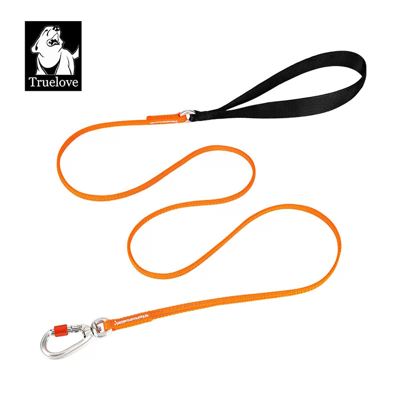 Dog leash with orange reflective strap, black handle, and silver metal clasp