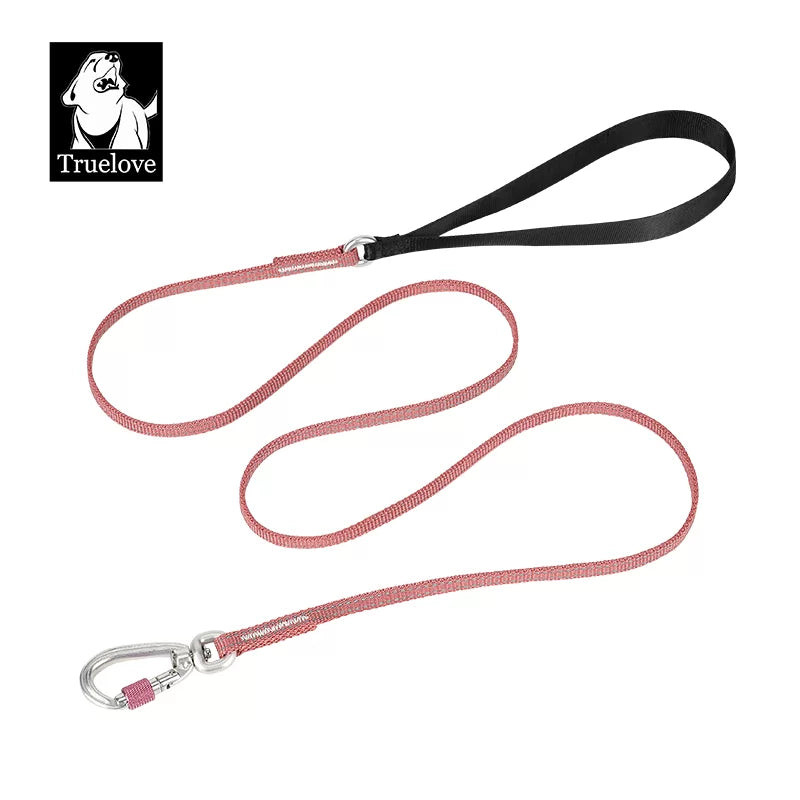 Dog leash with pink reflective strap, black handle, and silver metal clasp