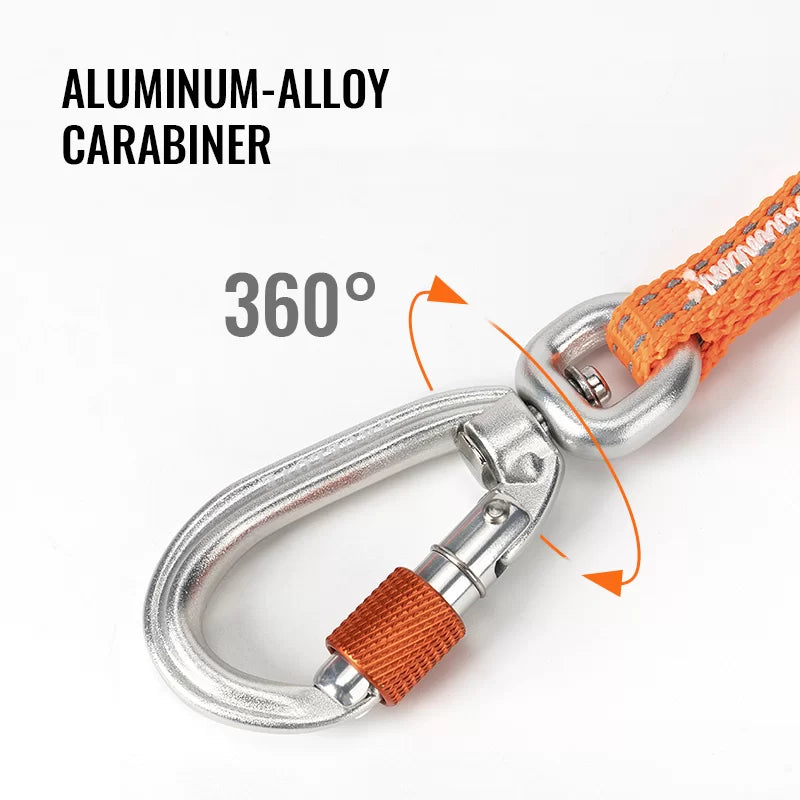 Orange reflective dog leash with aluminum-alloy silver carabiner and 360° swivel