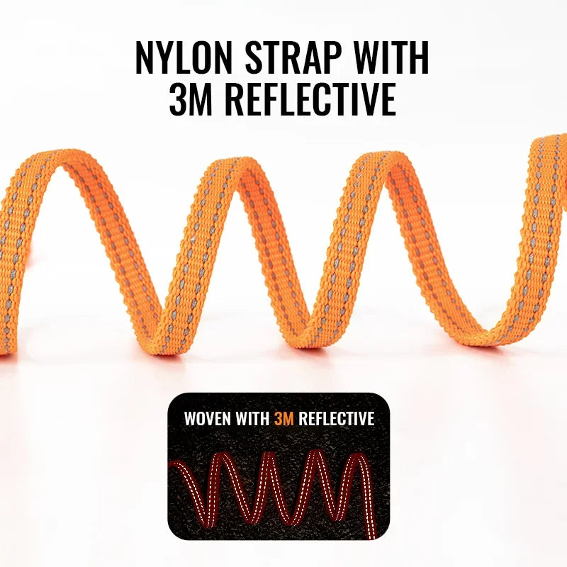Orange reflective dog leash with textured 3M-style reflective weave