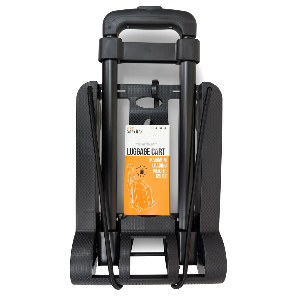 Folding luggage cart dolly front view with wheels and loading capacity label