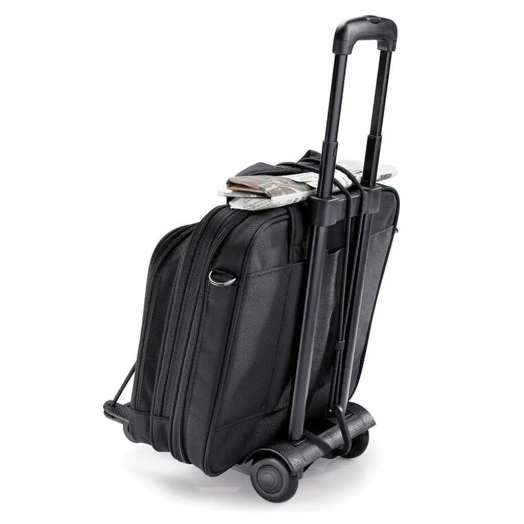 Folding luggage cart dolly with black fabric bag and telescoping handle, front view