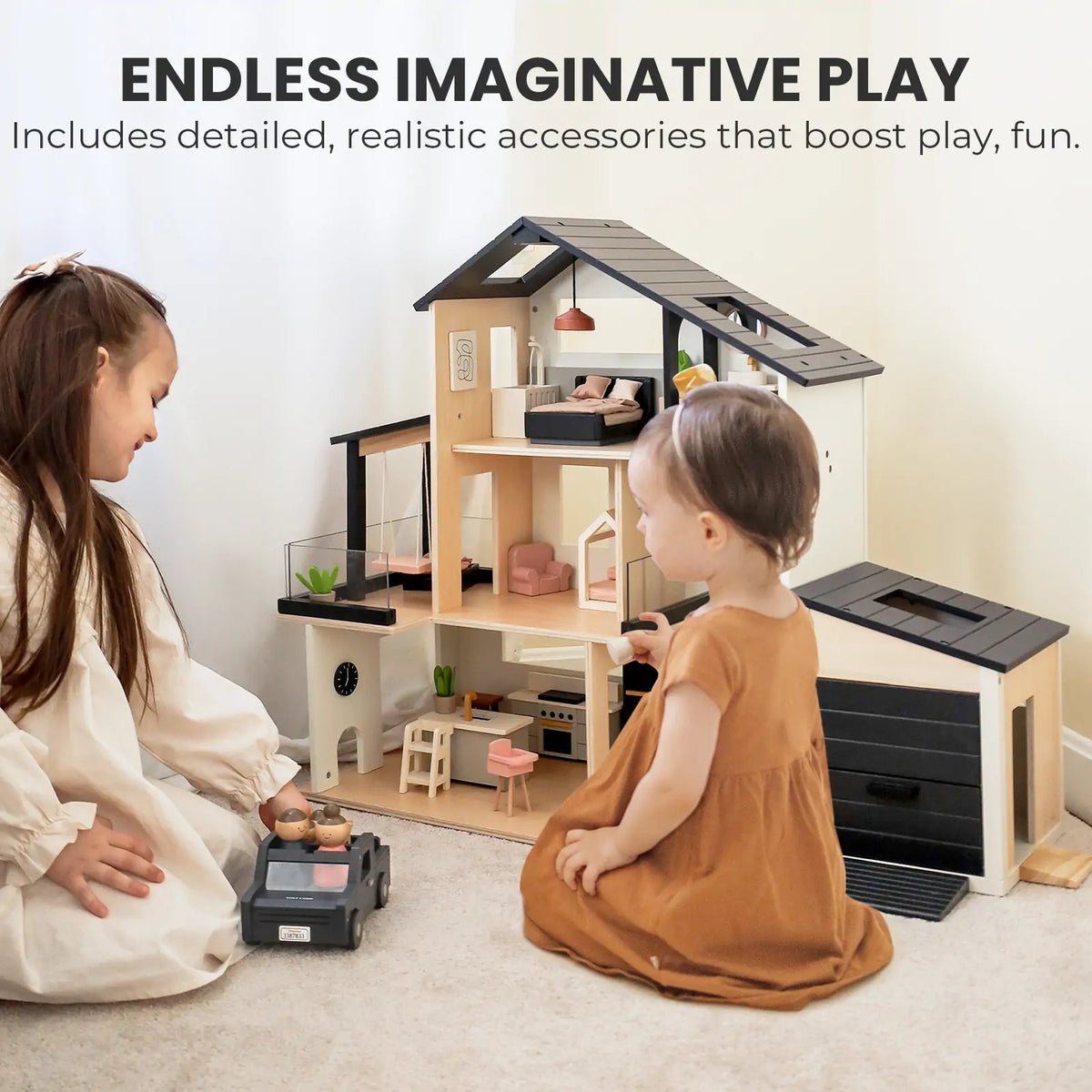 Dollhouse playset with stacked rooms, dark roof panels, and small vehicle accessories