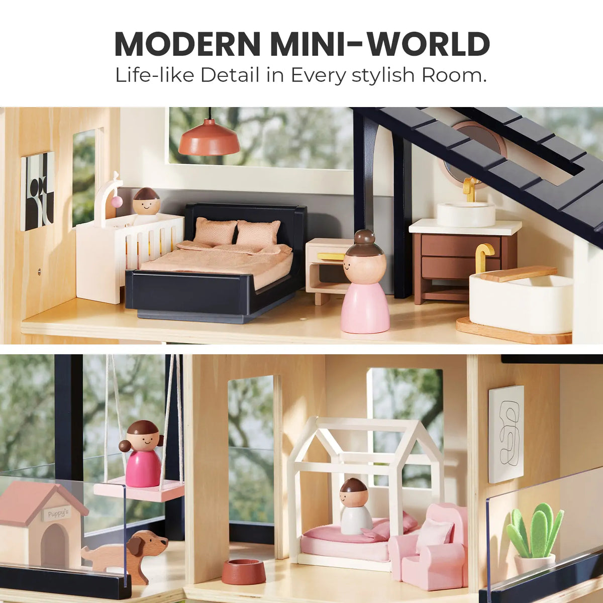 Mini dollhouse interior with bed and kitchenette, plus small dolls and railings