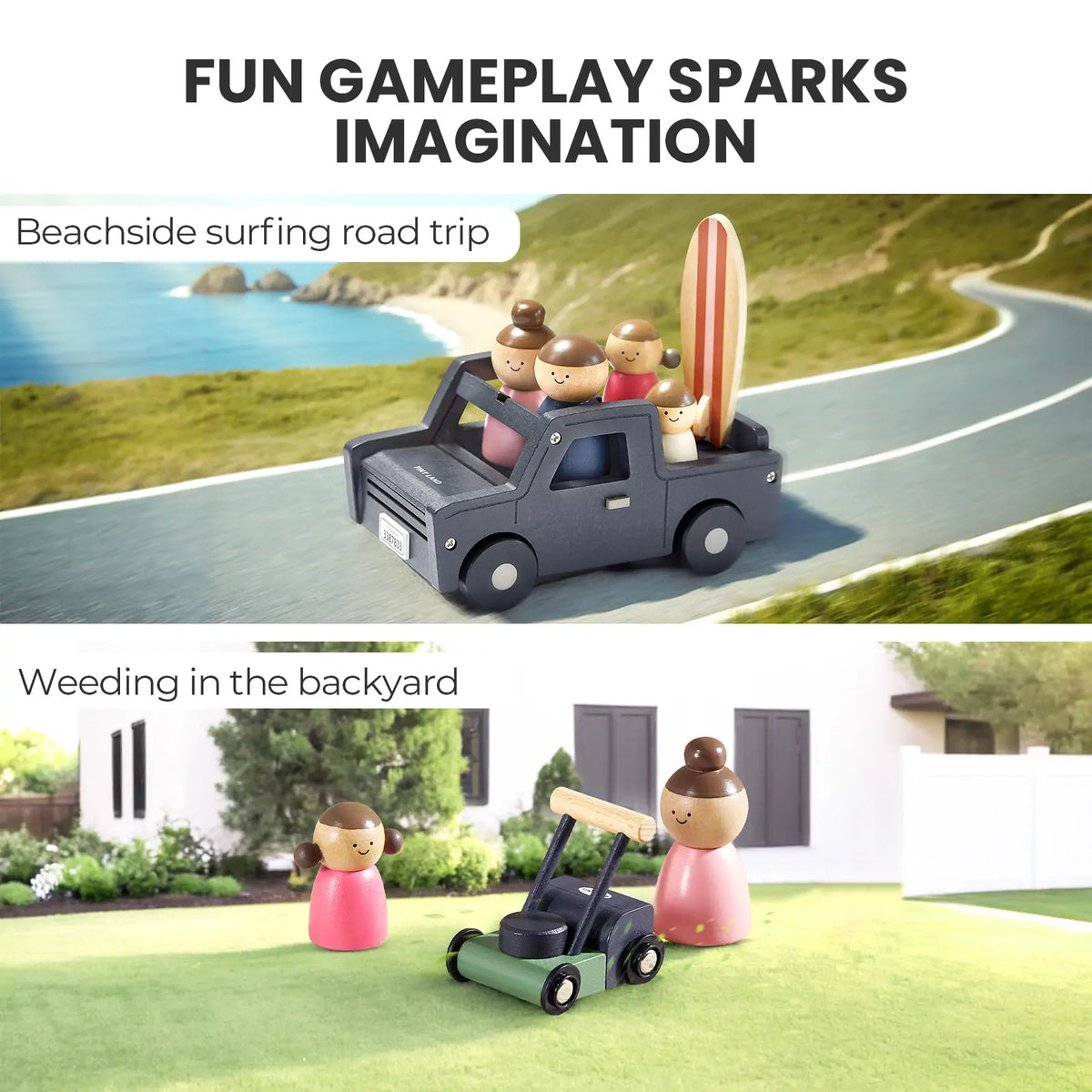 Toy vehicle playset with small doll passengers for outdoor pretend trips