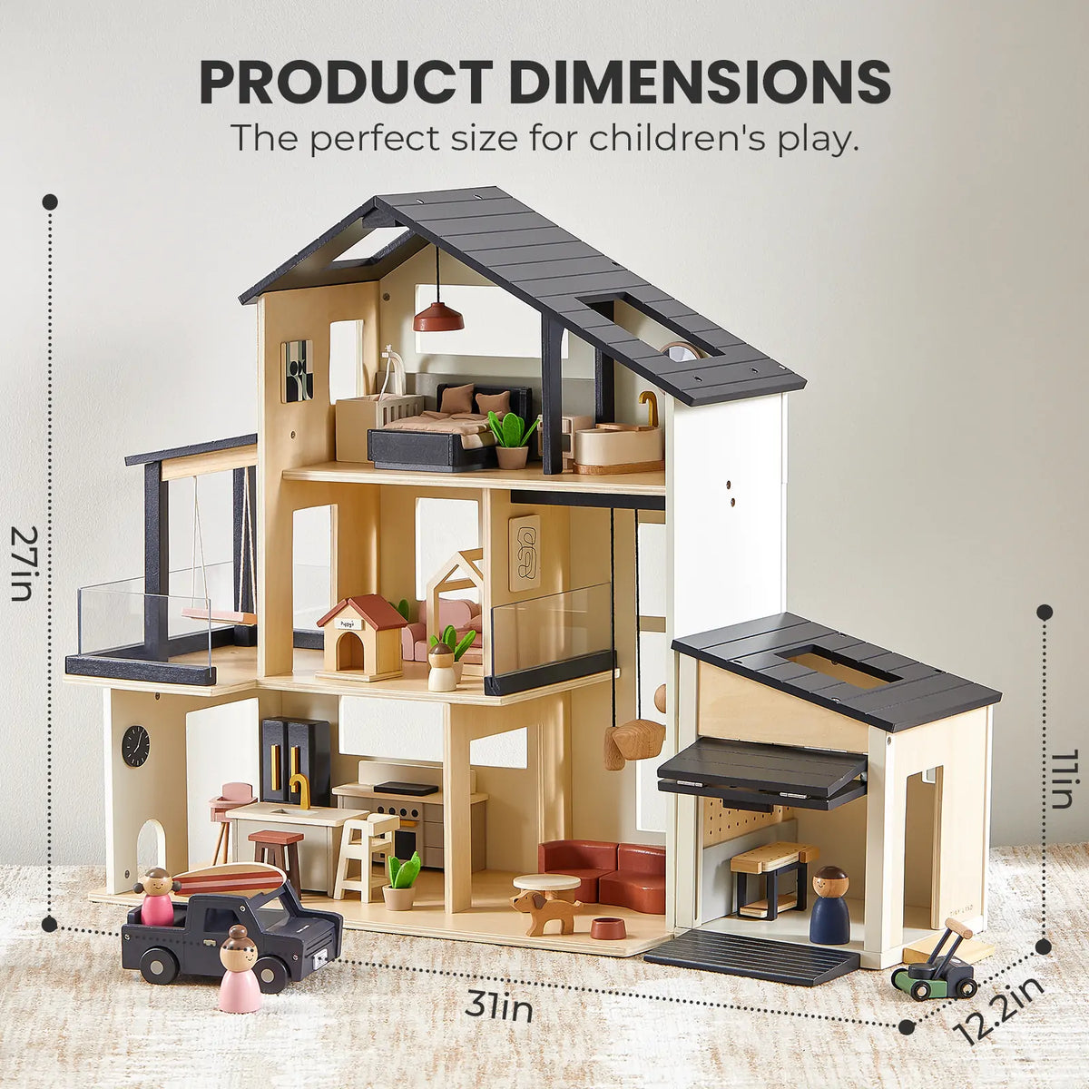 Wooden dollhouse and garage playset with layered rooms and included vehicles