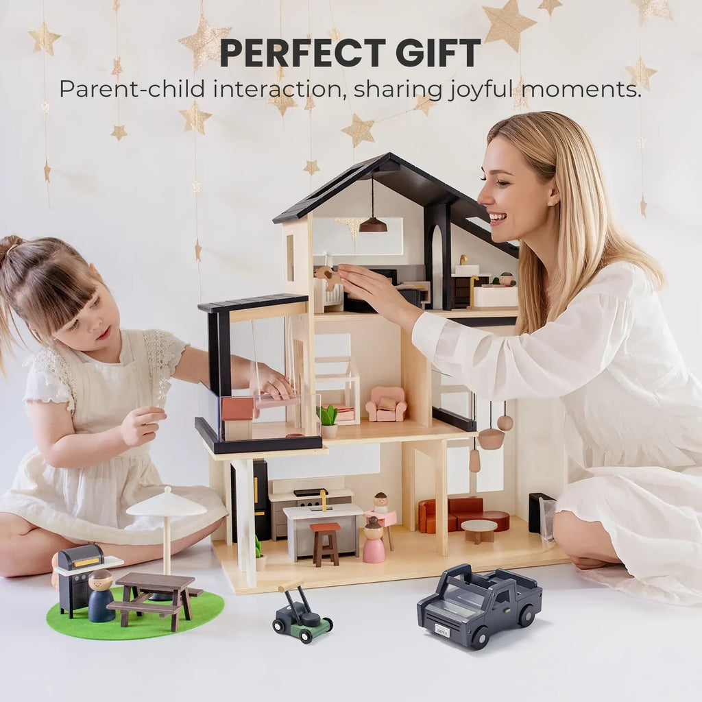 Parent and child dollhouse playset with dark-roof house, mini dolls, and vehicles