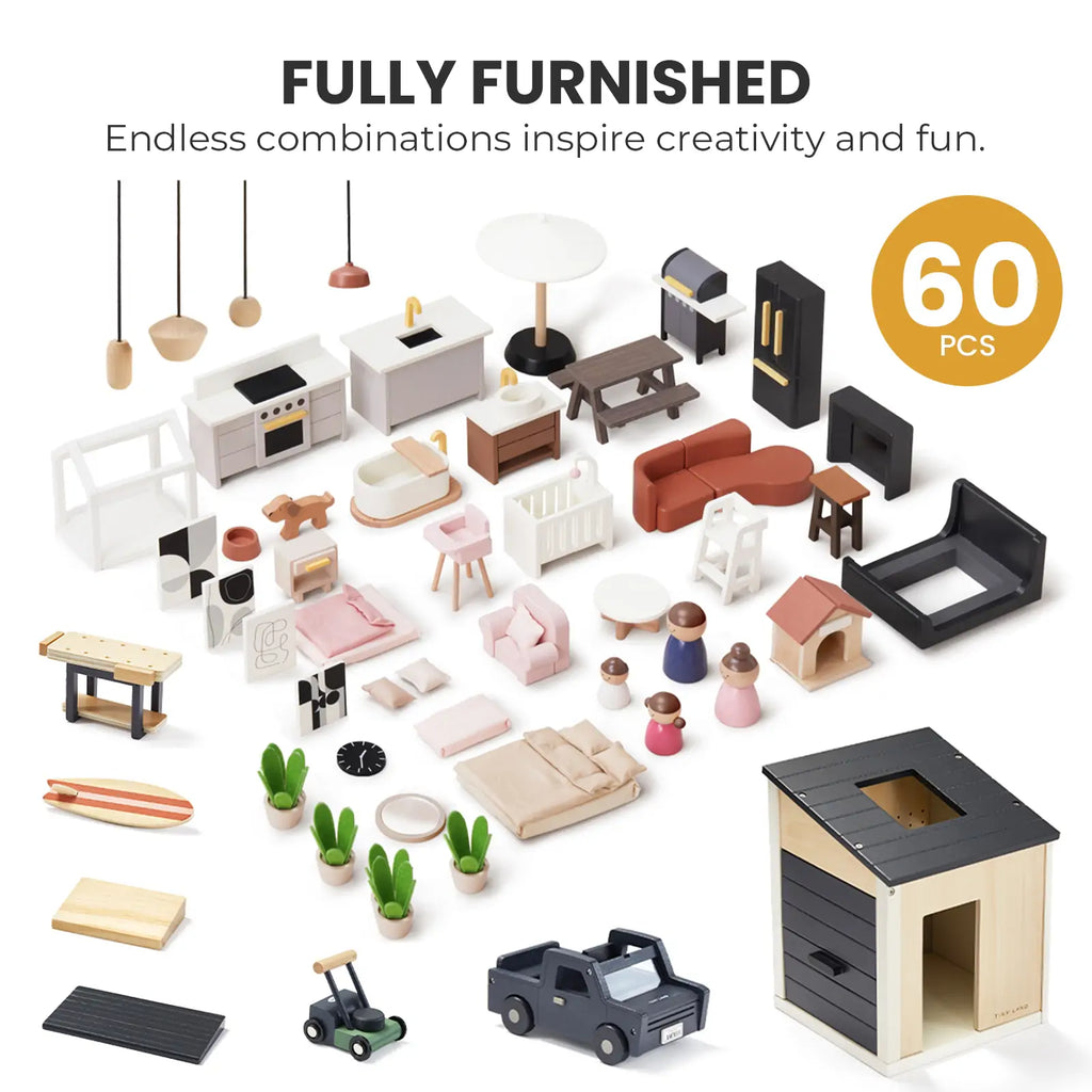 Fully furnished dollhouse playset with many mini rooms, furniture, and accessories