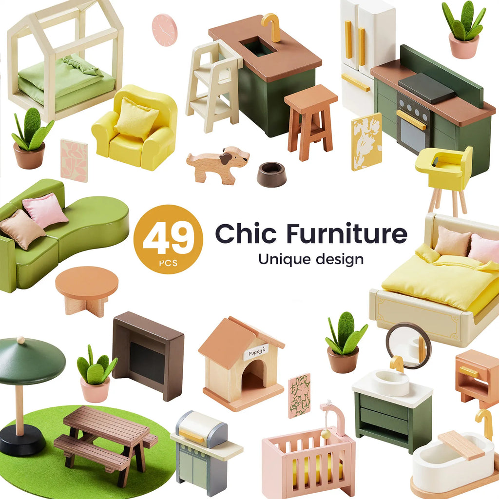 Tiny Land green dollhouse accessory set with mini furniture and decor pieces