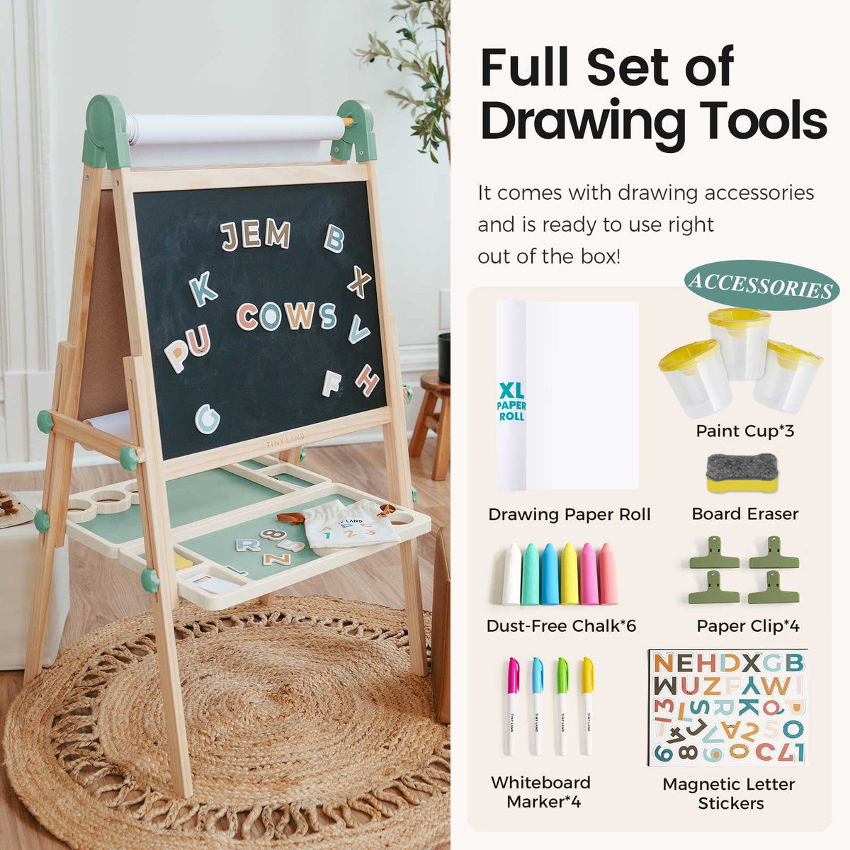 Tiny Land® child easel with chalkboard and drawing tools tray, full set accessories