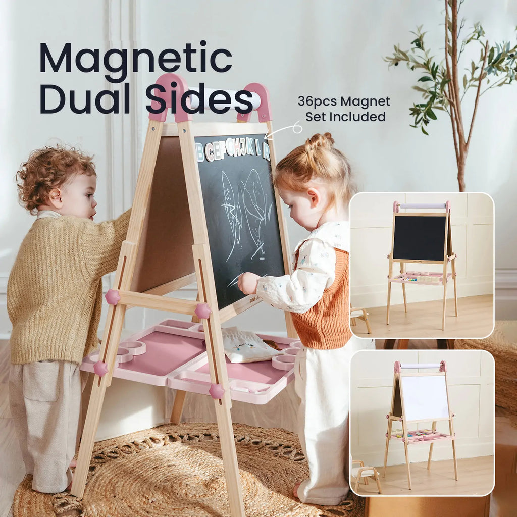 Pink dual-sided drawing easel with magnetic surfaces and 36-piece magnet set