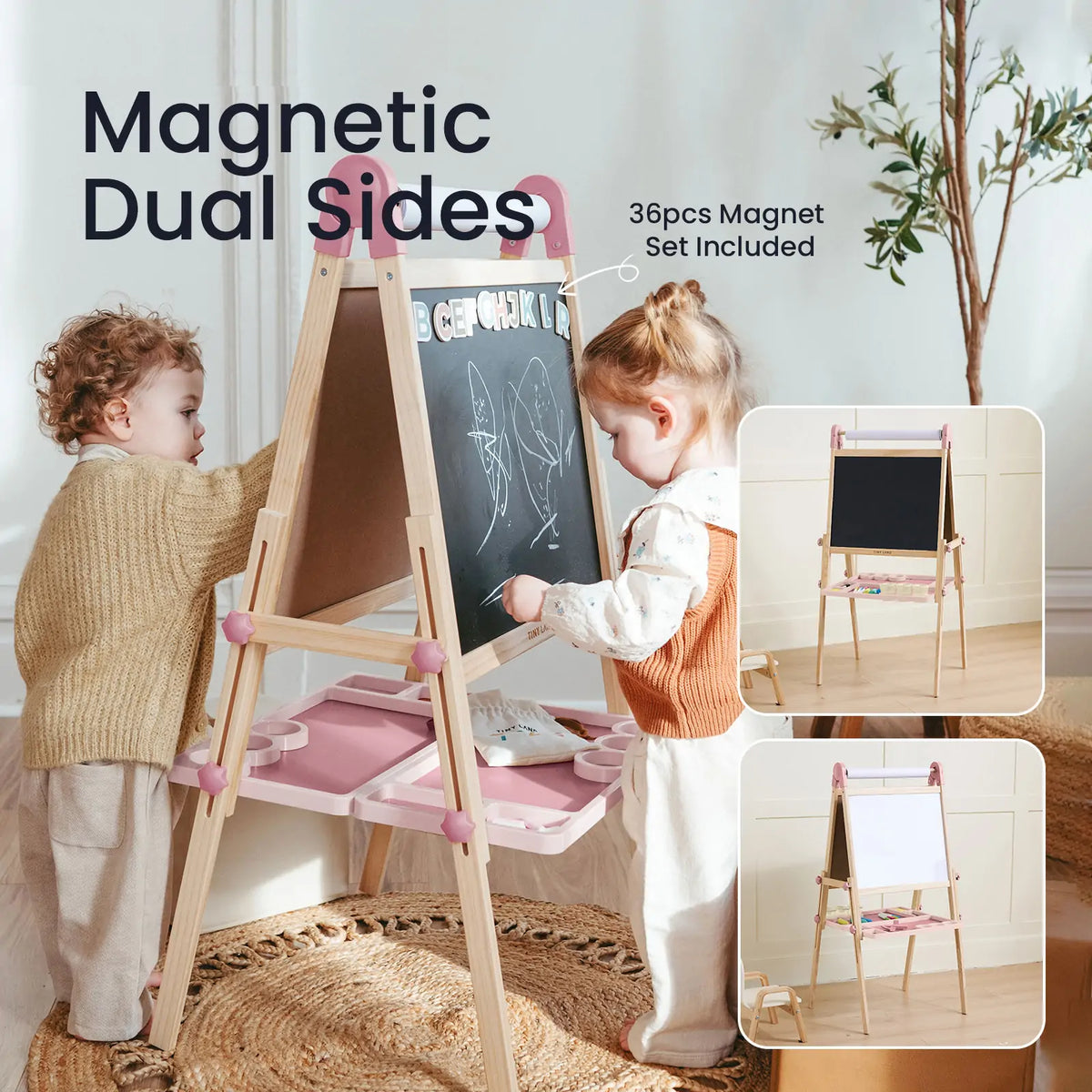 Pink dual-sided drawing easel with magnetic surfaces and 36-piece magnet set