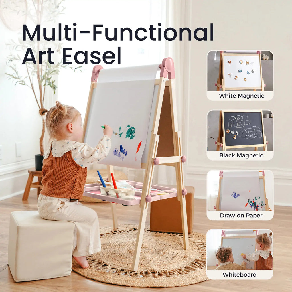 Pink multi-functional art easel with white magnetic board and drawing accessories