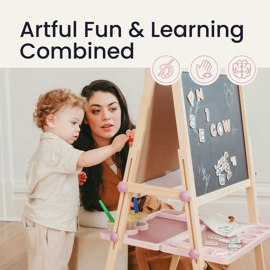 Pink magnetic easel with chalkboard and base tray for art supplies