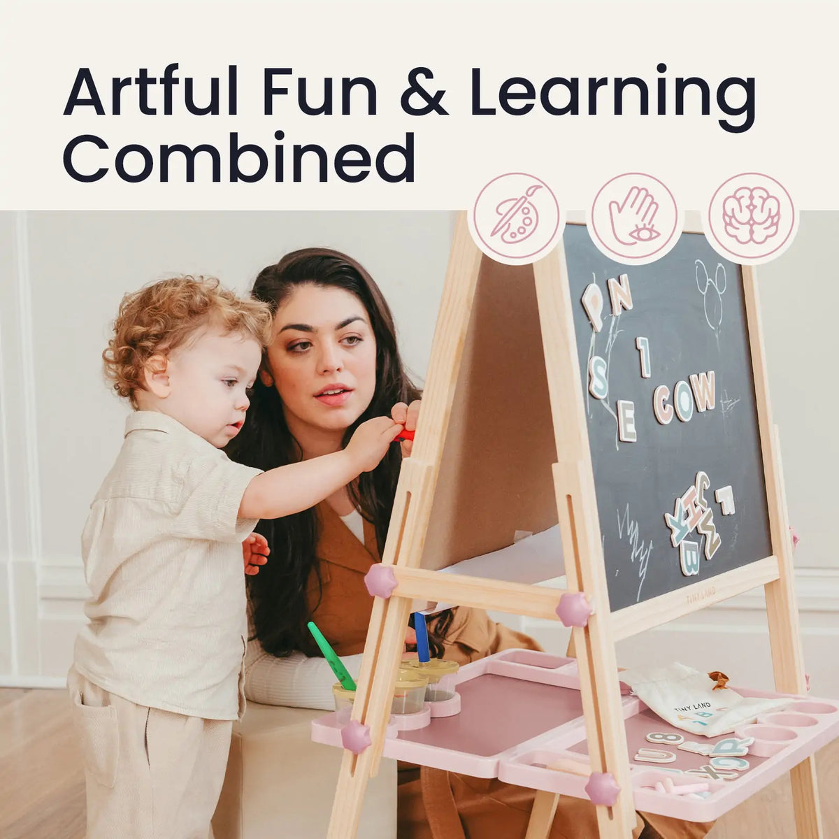 Pink magnetic easel with chalkboard and base tray for art supplies