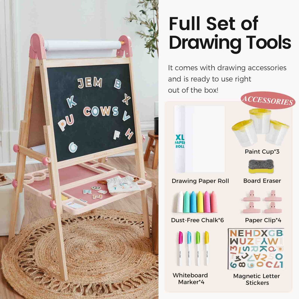 Pink magnetic easel set with drawing tools, paper roll, and whiteboard markers