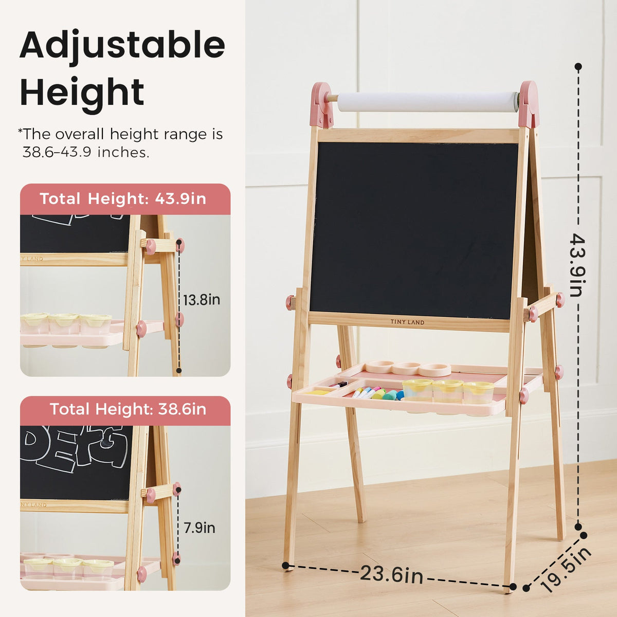 Pink adjustable-height magnetic easel with tray and front board