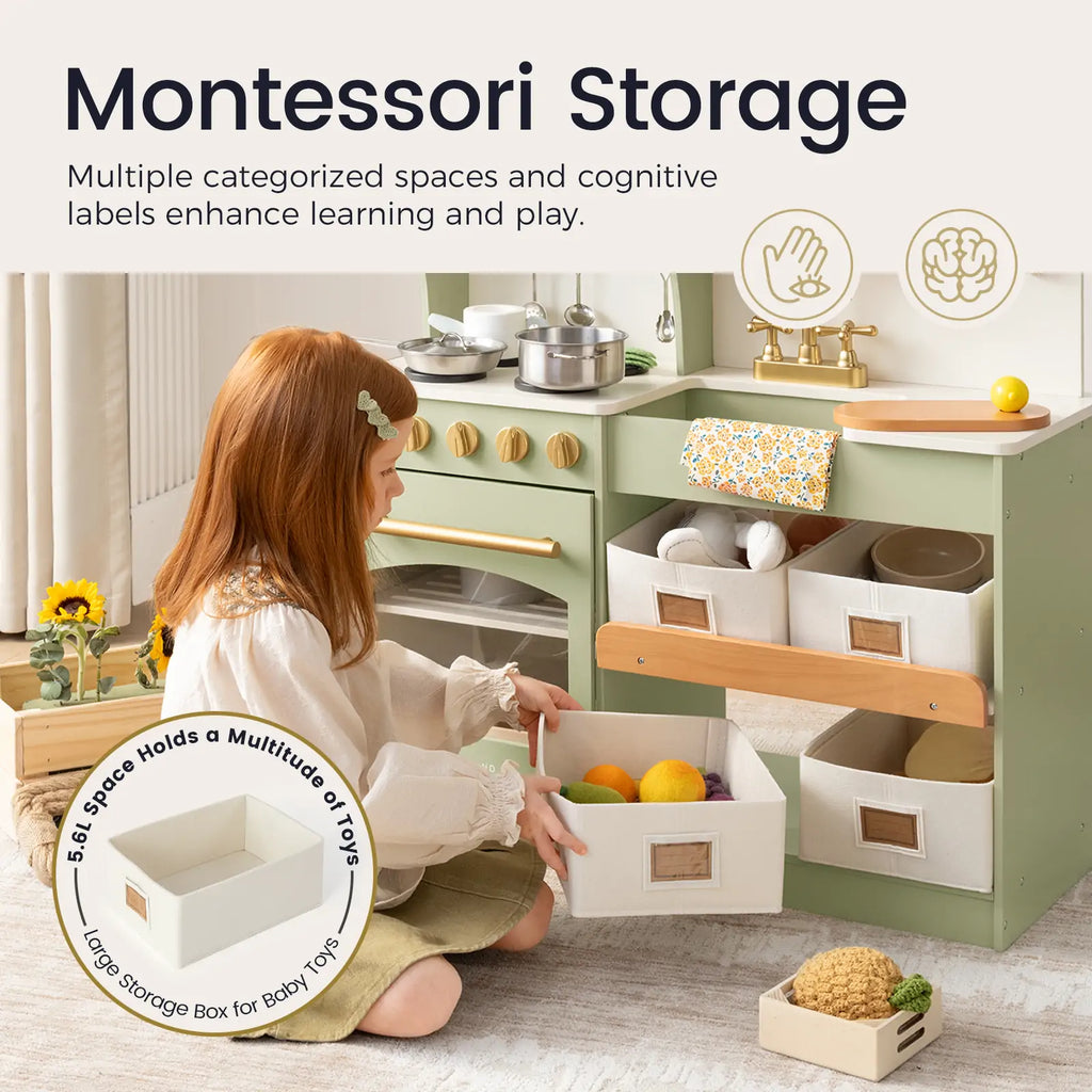 Wooden play kitchen with storage, sage finish with open shelves and labeled storage bins