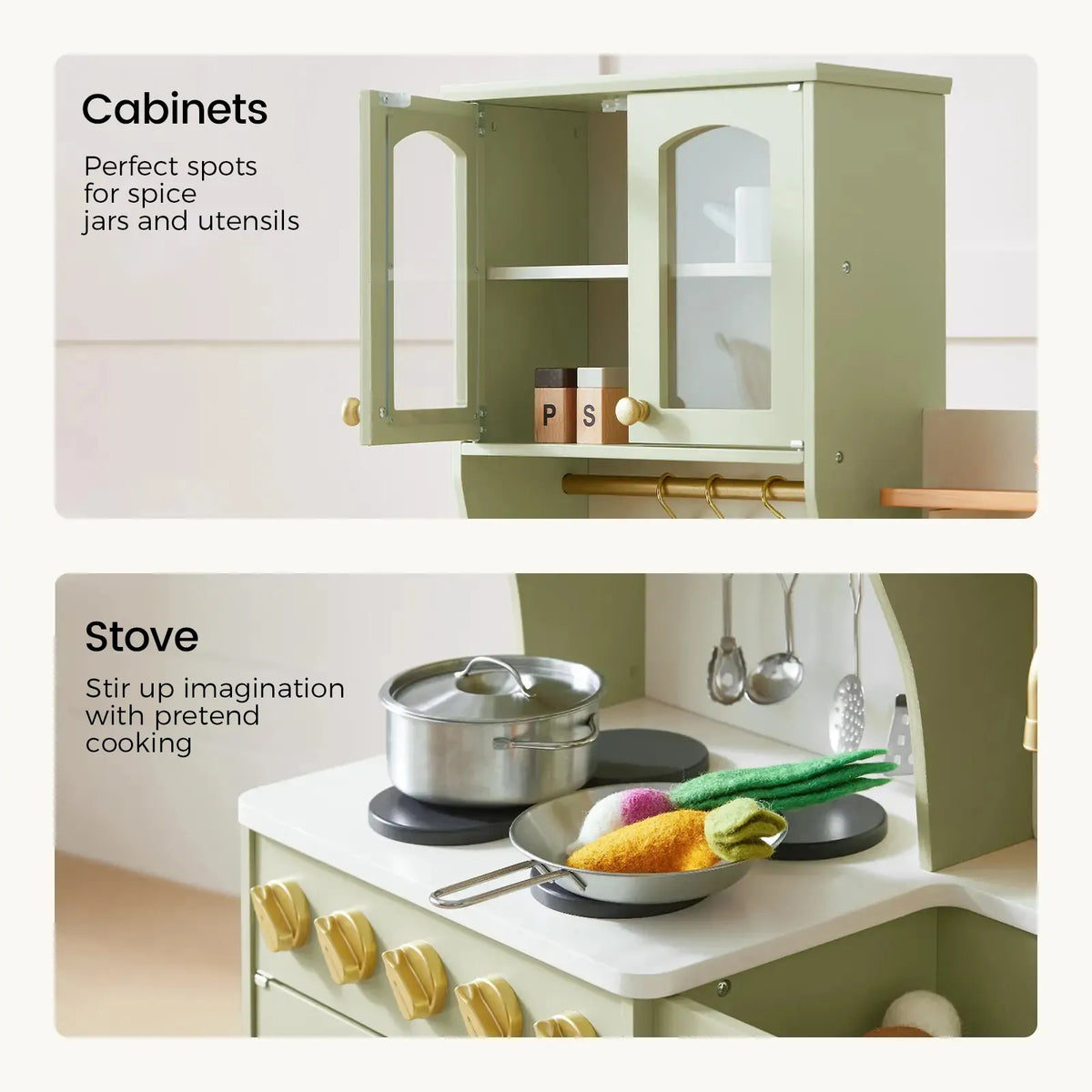Sage green wooden play kitchen with open cabinets and shelves