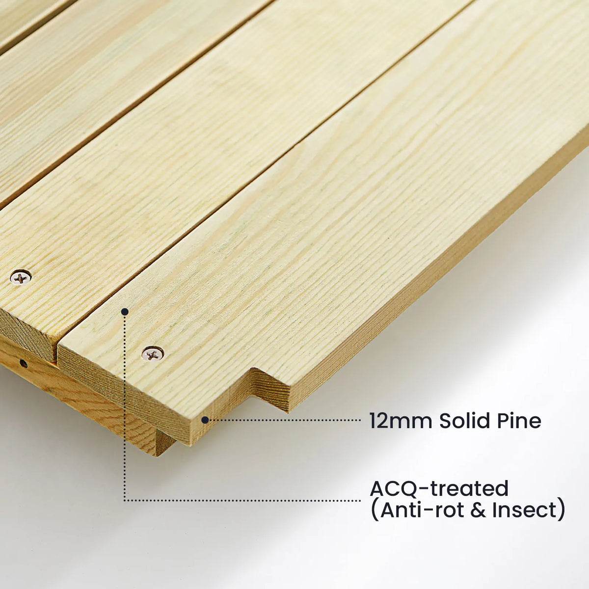 Close-up of 12mm pine tabletop edge with ACQ-treated anti-rot insect protection