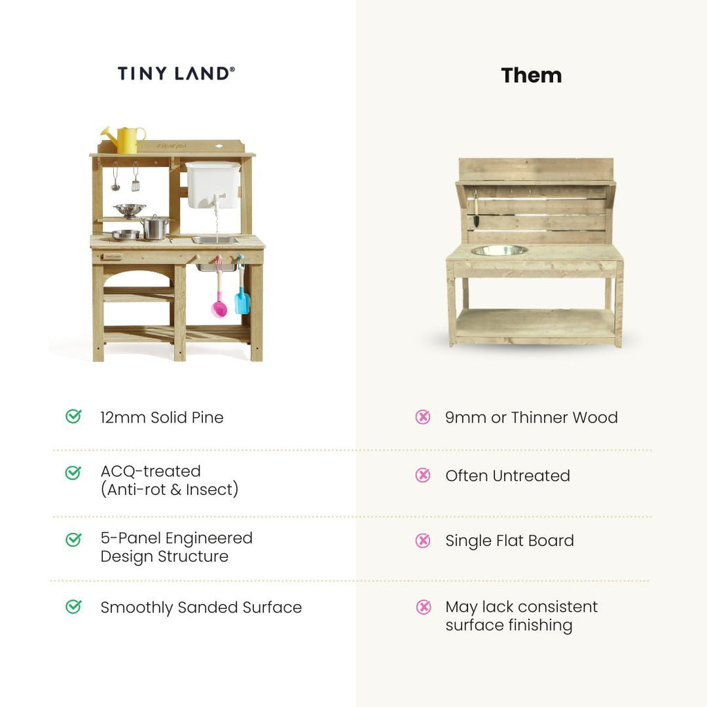 Kids' wooden mud kitchen with sink, faucet, and hanging utensils