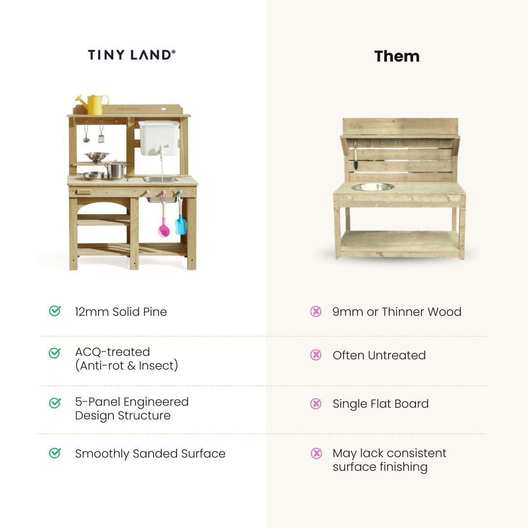 Kids' wooden mud kitchen with sink, faucet, and hanging utensils
