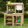 Kids mud kitchen playset with wooden counter, sink, and hanging utensils accessories
