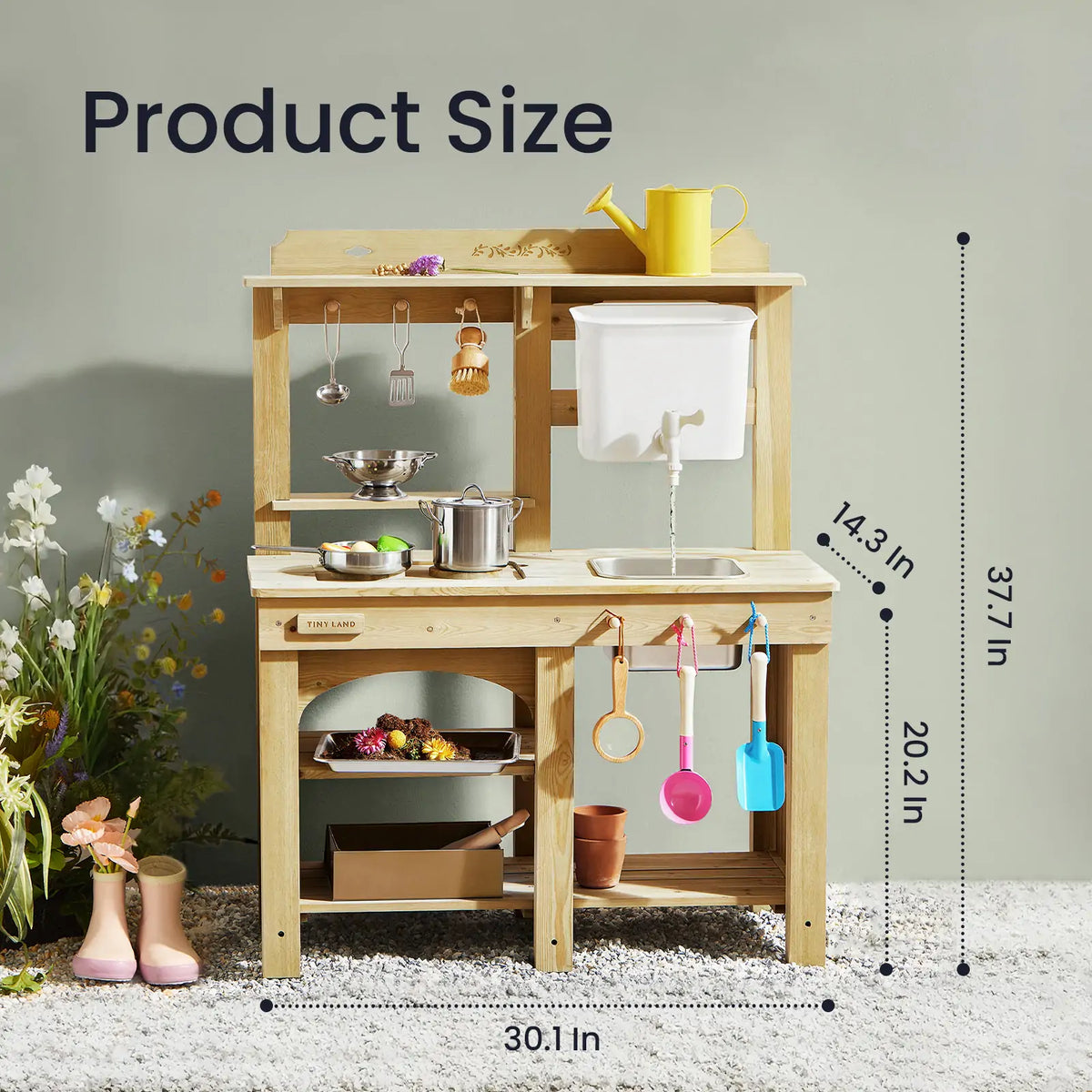Kids' wooden mud kitchen with mud tank, sink basin, and utensil hooks