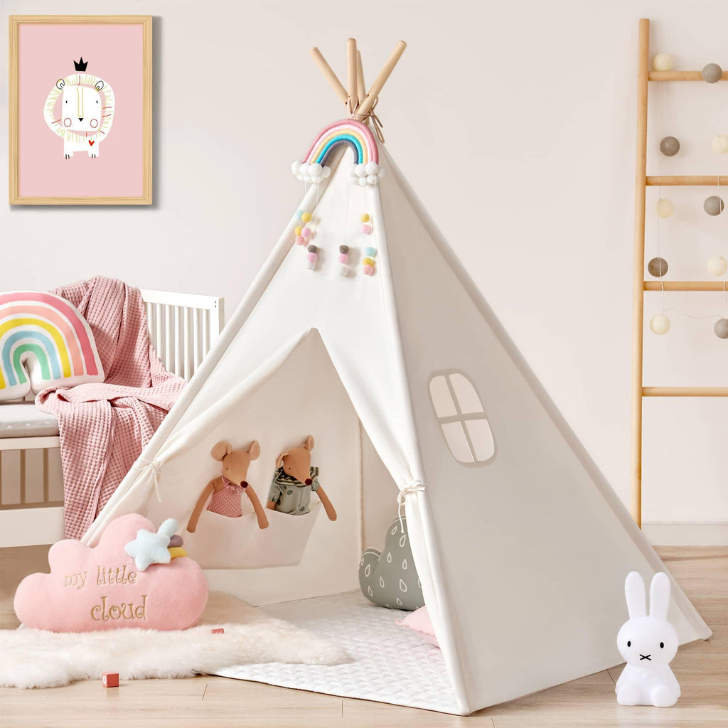 Kids teepee tent with floor mat, white canvas, arched rainbow toy and bunny decor