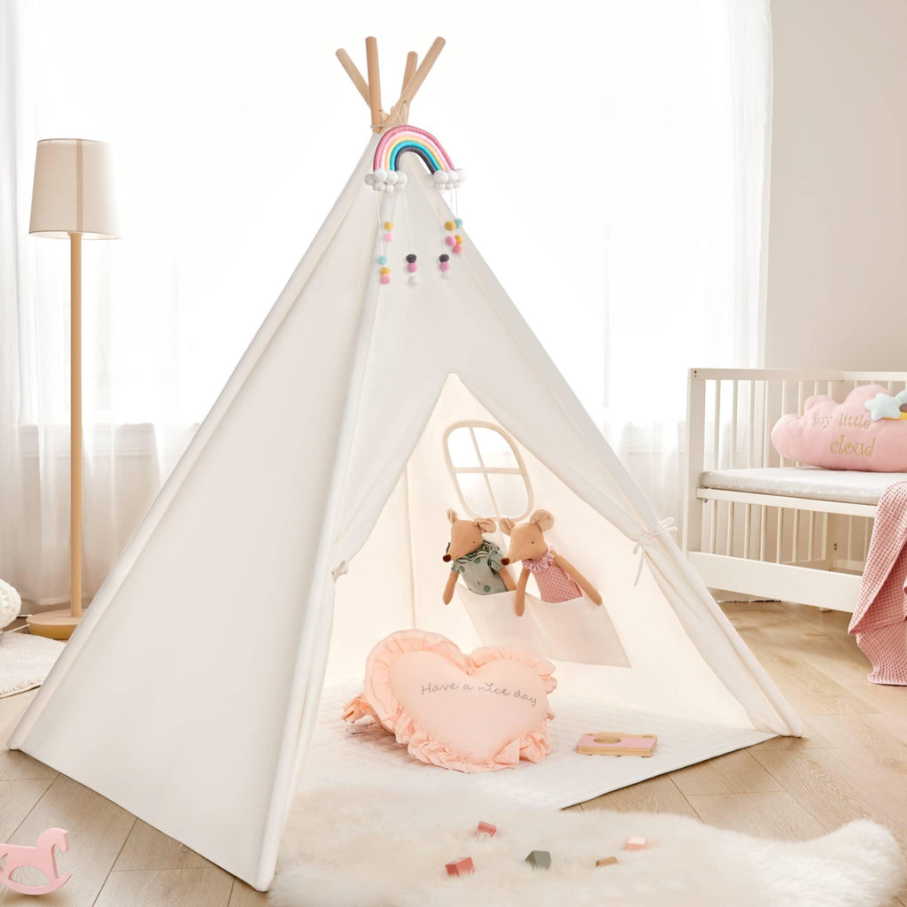 Kids teepee tent with floor mat, white canvas, window panel and rainbow hanging beads