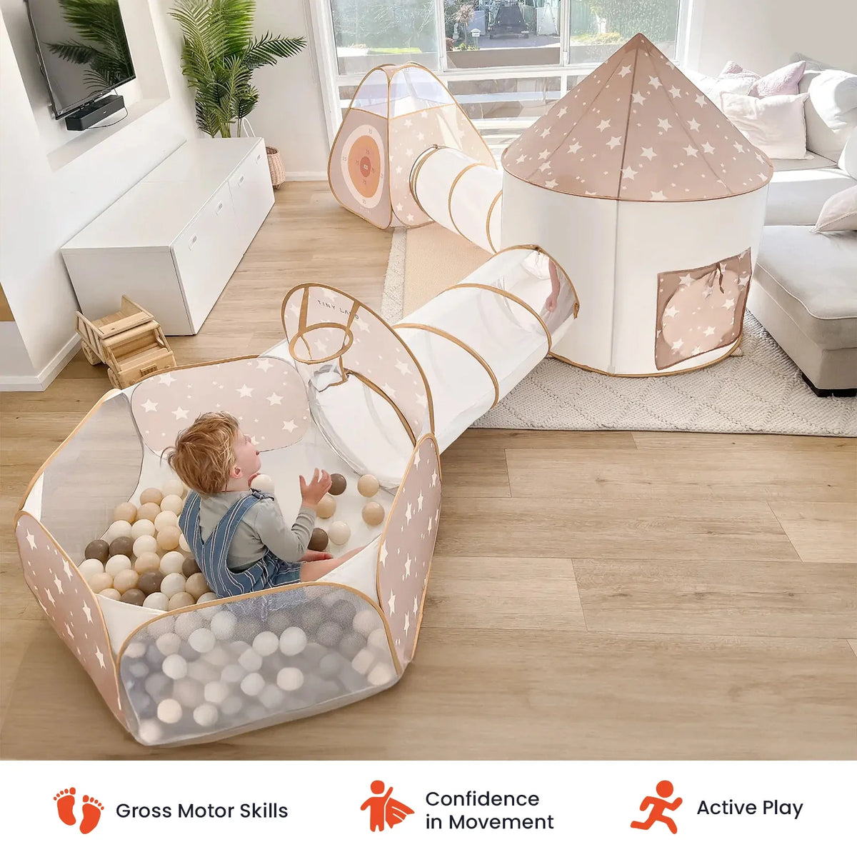 Child play tunnel with star canopy and side openings, round play area, beige and white