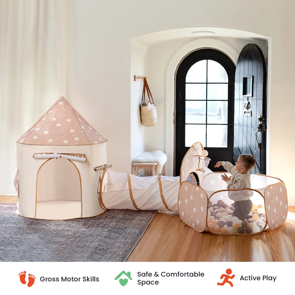 3-in-1 play tunnel set with arched tunnel and dome tent, light tan star print