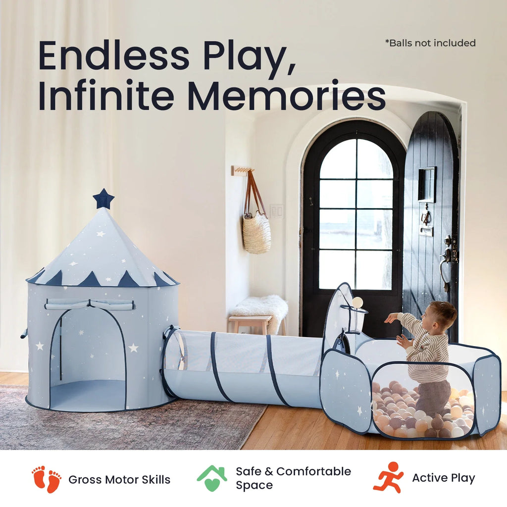Blue-and-white 3-in-1 play tunnel set with dome tent, arched tunnel sections, and end panels