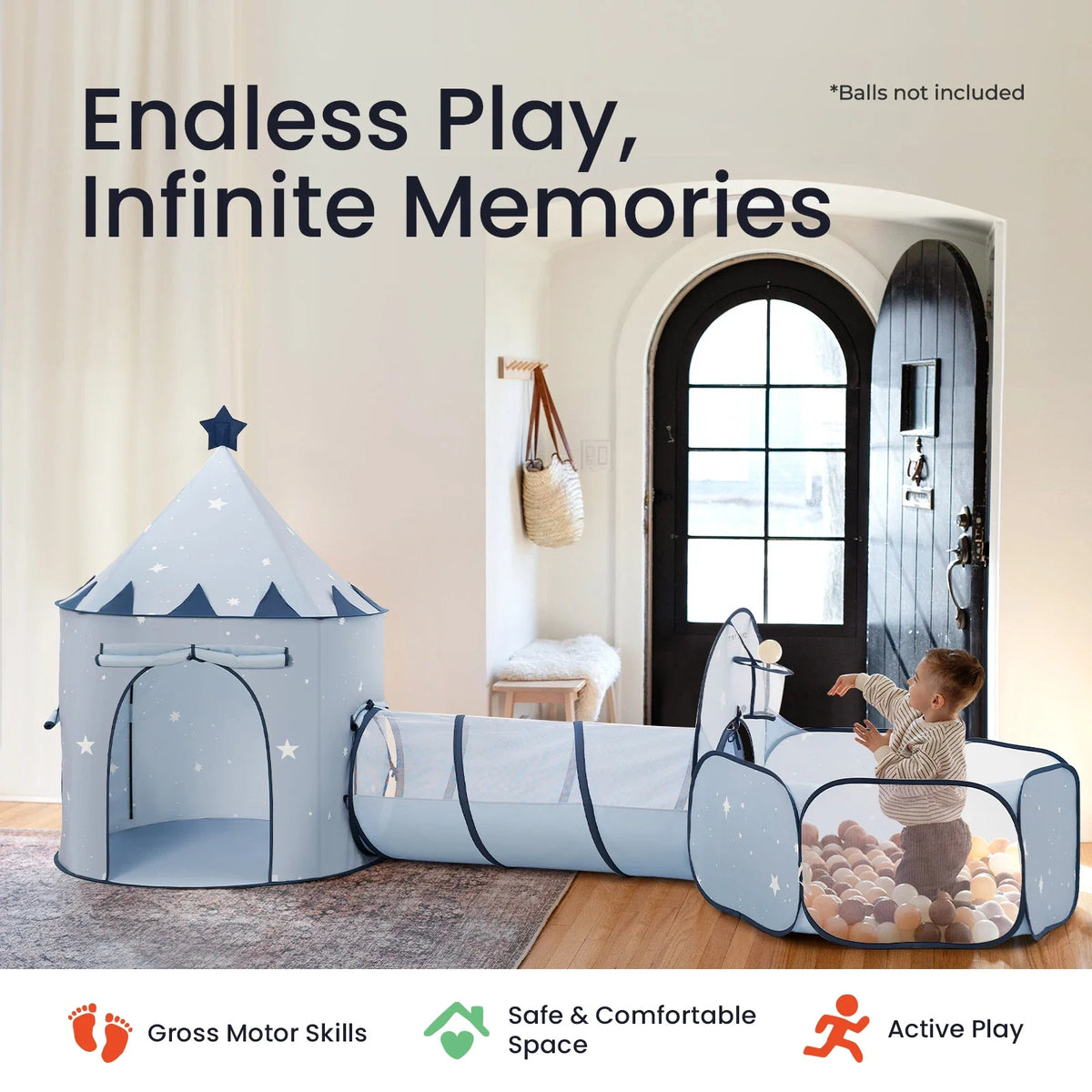 Blue-and-white 3-in-1 play tunnel set with dome tent, arched tunnel sections, and end panels