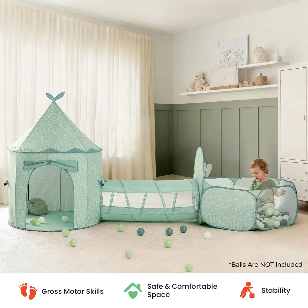 Mint-green kids play tunnel set with tent, side tunnel, and open crawl sections