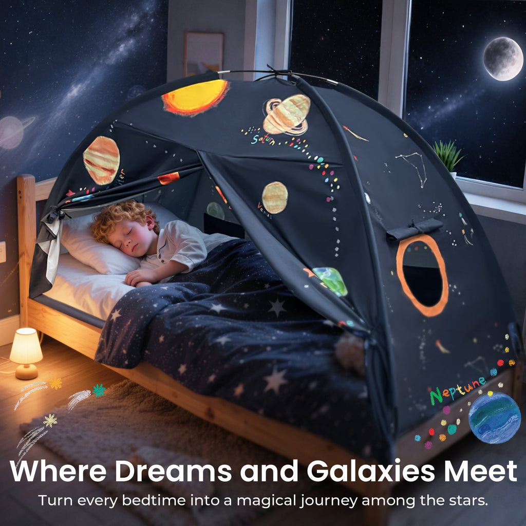 Kids play tent in dark navy with space-themed planets and open front panel