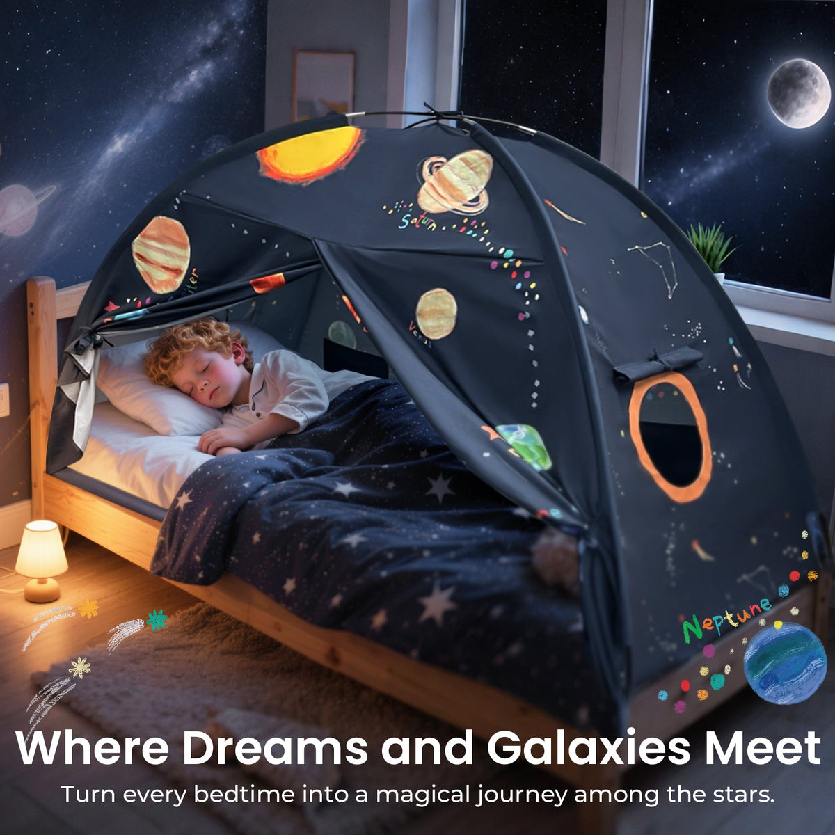Kids play tent in dark navy with space-themed planets and open front panel