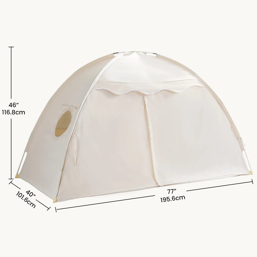 Tiny Land® cream dome kids bed tent with arched doorway and side window, with size marks
