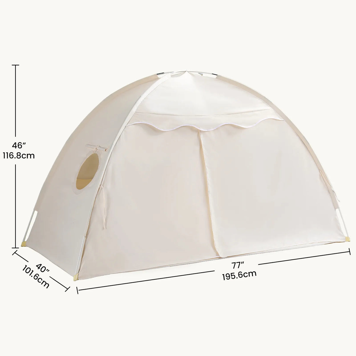 Tiny Land® cream dome kids bed tent with arched doorway and side window, with size marks