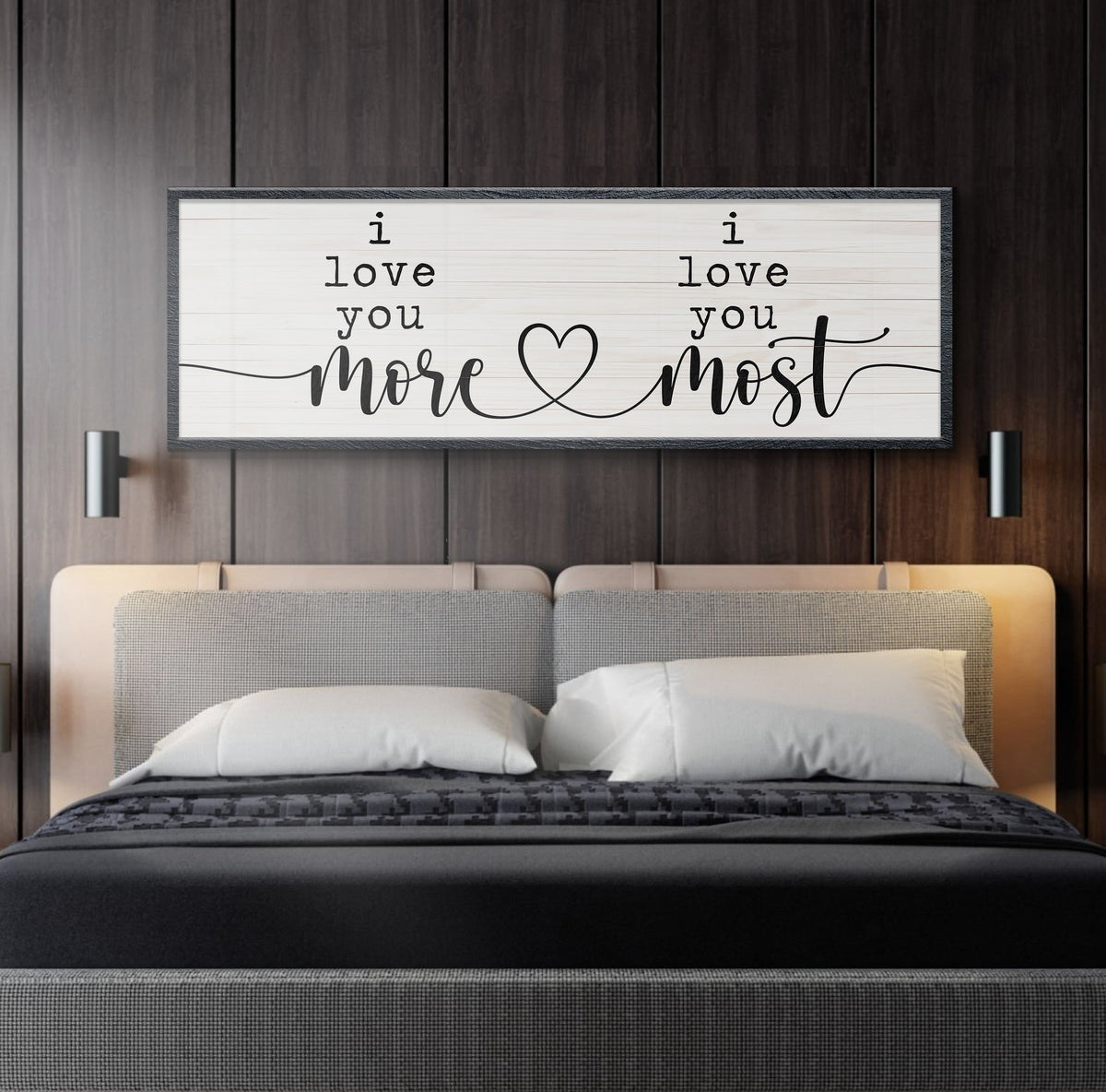 Love you more and most wall canvas sign, white background and dark frame