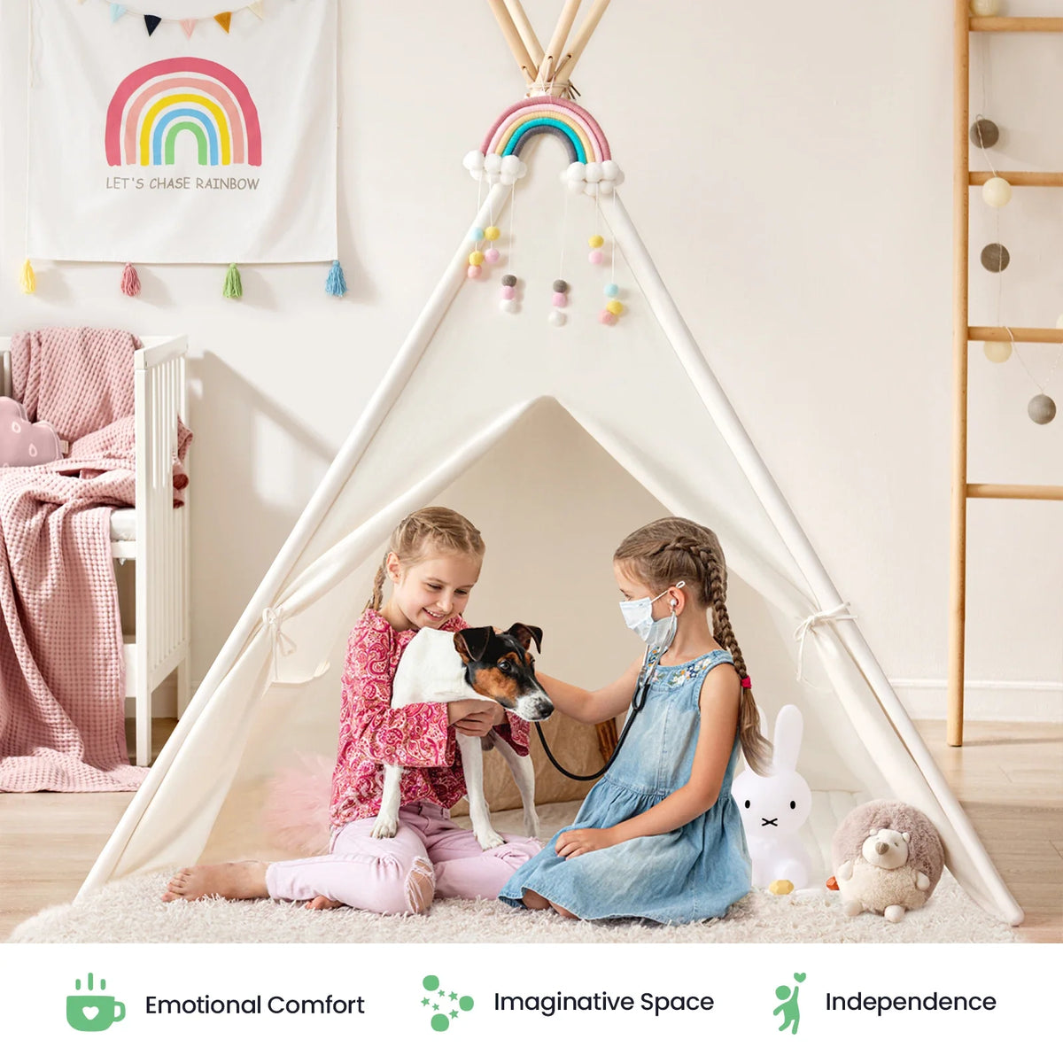 Kids teepee tent with floor mat, white canvas, two children playing inside