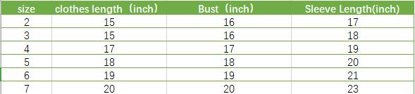 Size chart table for sweater: size 2–7 with length, bust, and sleeve length