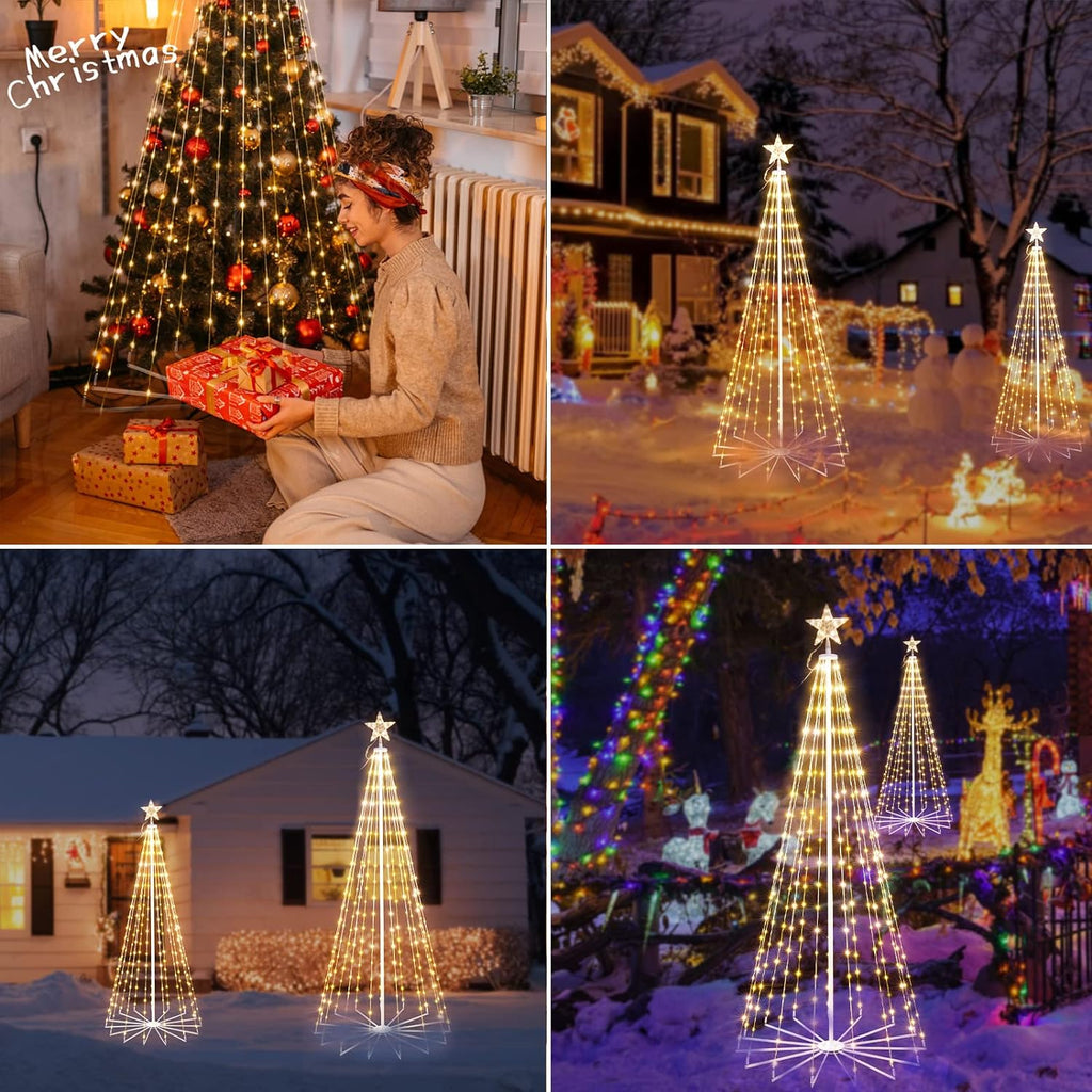 Outdoor wireframe tree light set with star toppers, warm white LED glow