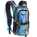 Transparent hydration pack backpack with blue accents and clear front pocket