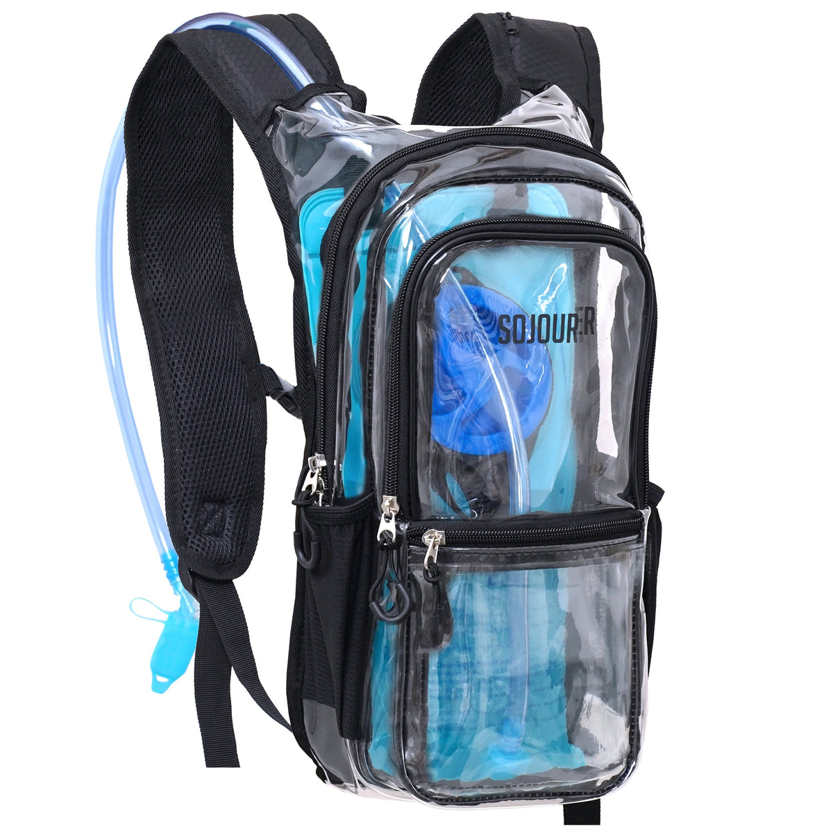 Transparent hydration pack backpack with blue accents and clear front pocket