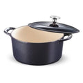 Dark blue enameled cast iron Dutch oven with lid and side handles
