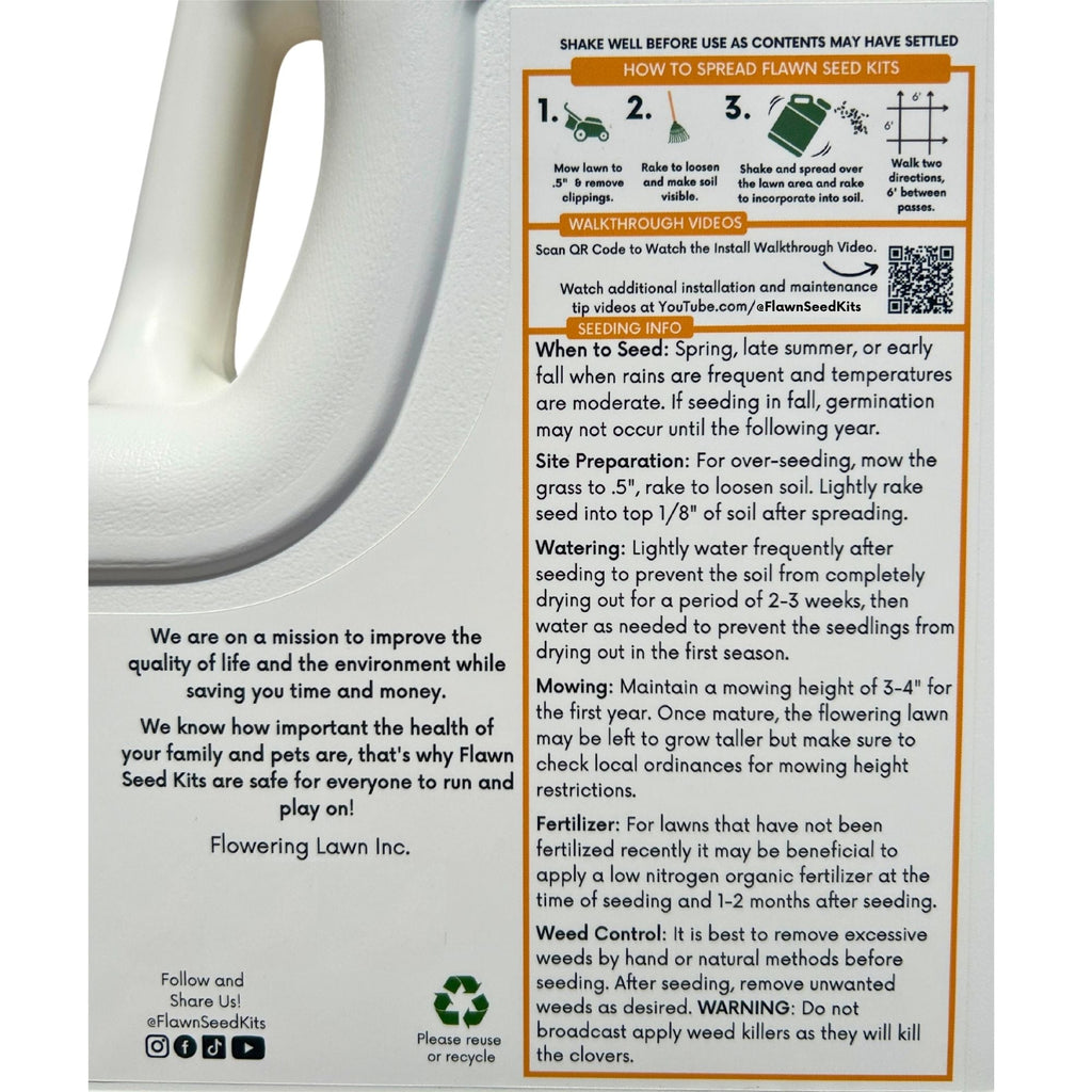 Lawn seed kit bottle side panel with planting and use instructions