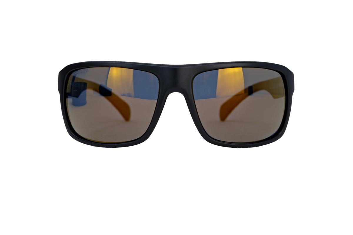 Black rectangular sunglasses with gold-tinted mirrored lenses